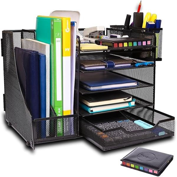 1 Large 5-Tier Desk Organizer/Document Tray w/ Drawer, Pencil Cups, File Holders - New