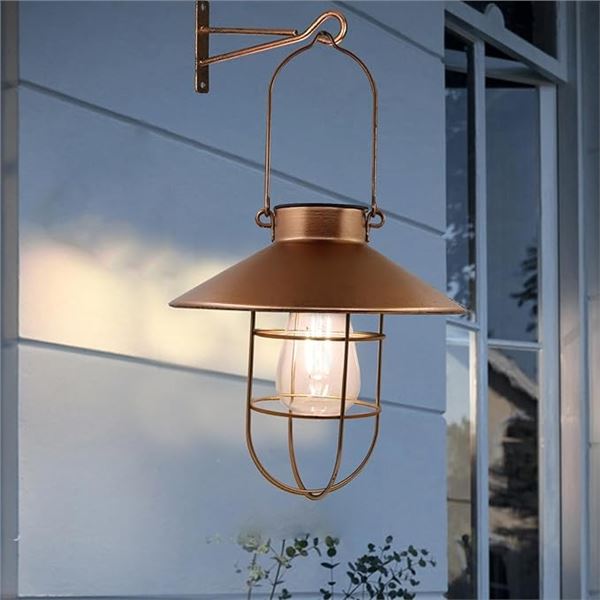 3 Outdoor Solar Hanging Lanterns - Metal Vintage Design/Edison Bulb; Copper Color 8.4" - New in Box