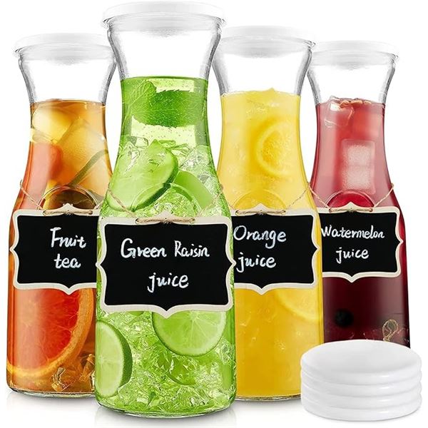 Box of 4 Glass Carafes with 8 Lids - 1L Size Beverage Pitchers w/ Chalkboard Tags - New in Box