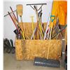 WOODEN STORAGE BOX W/ CONTENTS INCL: BROOMS,