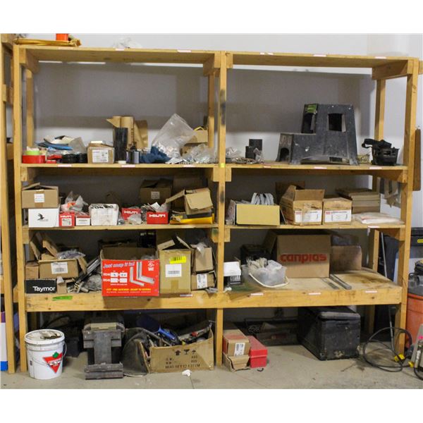 WOODEN STORAGE RACK W/ CONTENTS INCL: HARDWARE,