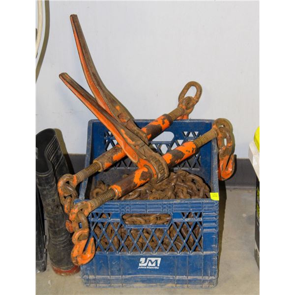 CRATE OF ASSORTED CHAINS AND BOOMERS