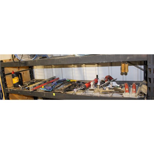 CONTENTS OF SHELF INCL: 10 TOOLS, LEVELS, TROWELS,