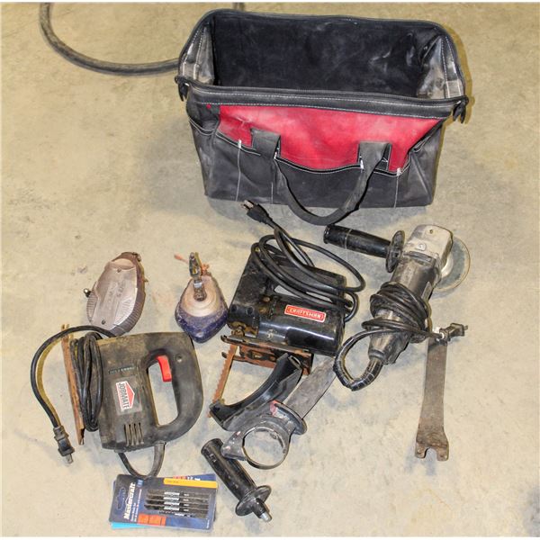 HUSKY TOOLBAG W/ ASSORTED POWER TOOLS & 2 CHALK