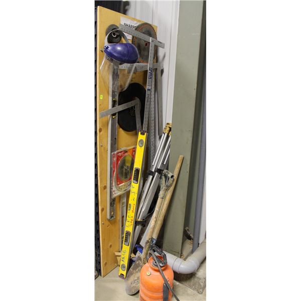 LOT OF ASSORTED LEVELS, SQUARES, CUT OFF SAW