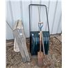 LOT OF SHOVELS, RAKE & 3 STEP LADDER