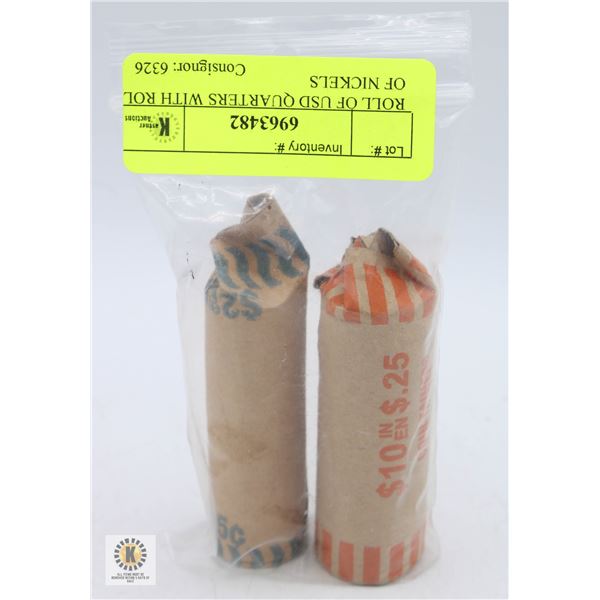 ROLL OF USd QUARTERS WITH ROLL OF NICKELS