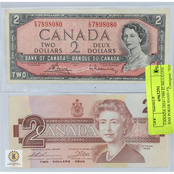 CANADA 1954+1986 $2 BILLS,ONE HAS POKER HAND #'S