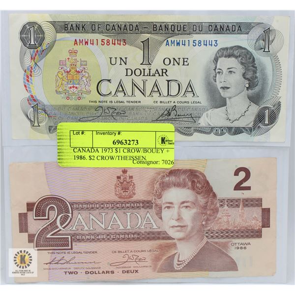 CANADA 1973 $1 CROW/BOUEY + 1986. $2 CROW/THEISSEN