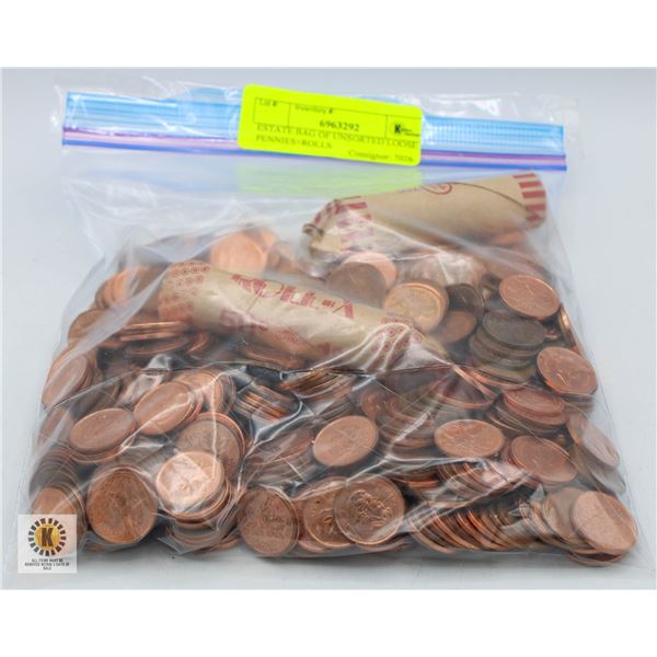 ESTATE BAG OF ASSORTED LOOSE PENNIES+ROLLS