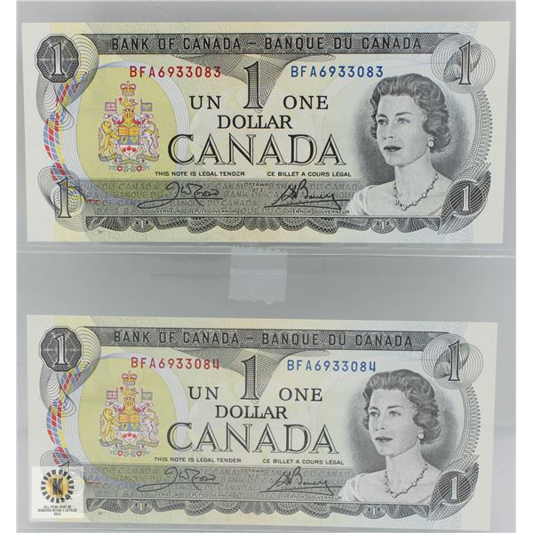 TWO 1973 UNCIRCULATED ONE DOLLAR BILLS IN