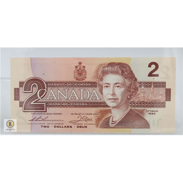 1986 UNCIRCULATED CANADIAN TWO DOLLAR BILL