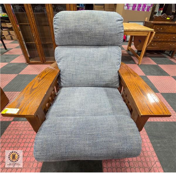 GREY CUSHION / WOODEN ARMCHAIR