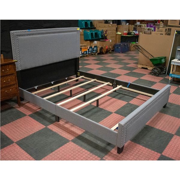 QUEEN SIZE GREY FABRIC NAIL HEAD BED