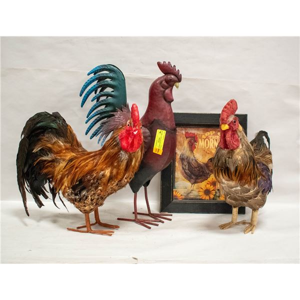 ROOSTERS COLLECTION. 1 METAL, 2 STUFFED,
