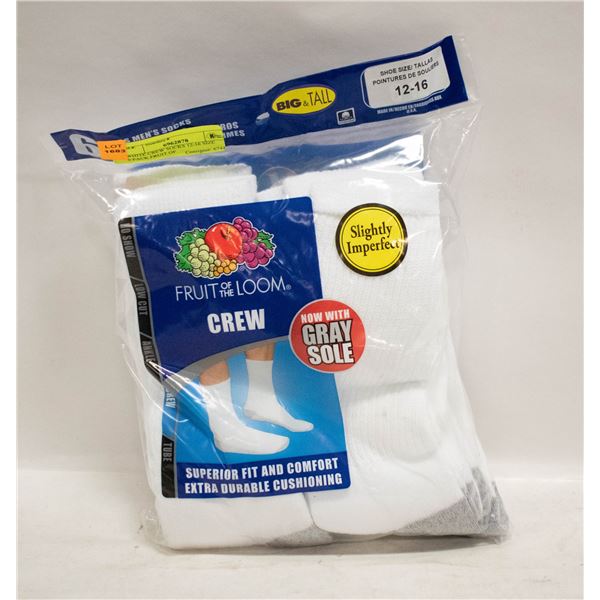 WHITE CREW SOCKS 12-16 SIZE 6-PACK FRUIT OF