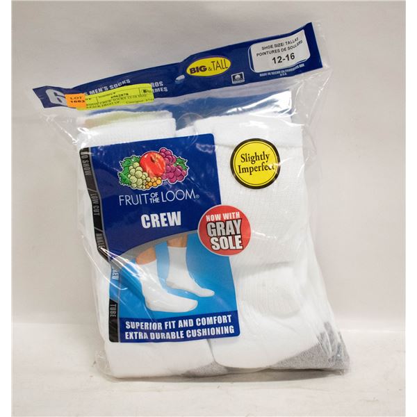 WHITE CREW SOCKS 12-16 SIZE 6-PACK FRUIT OF