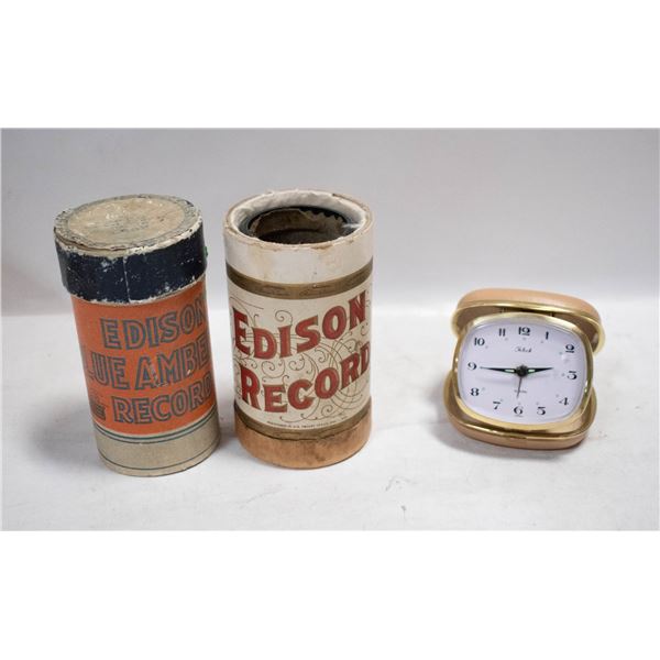 2 EDISON CYLINDER RECORDS & C.1950'S ALARM CLOCK
