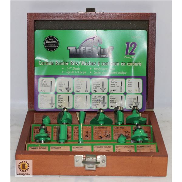 11 PIECE TUF-E-NUF CARBIDE ROUTER BITS IN WOODEN -