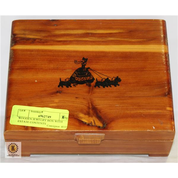 WOODEN JEWELRY BOX WITH ESTATE CONTENTS