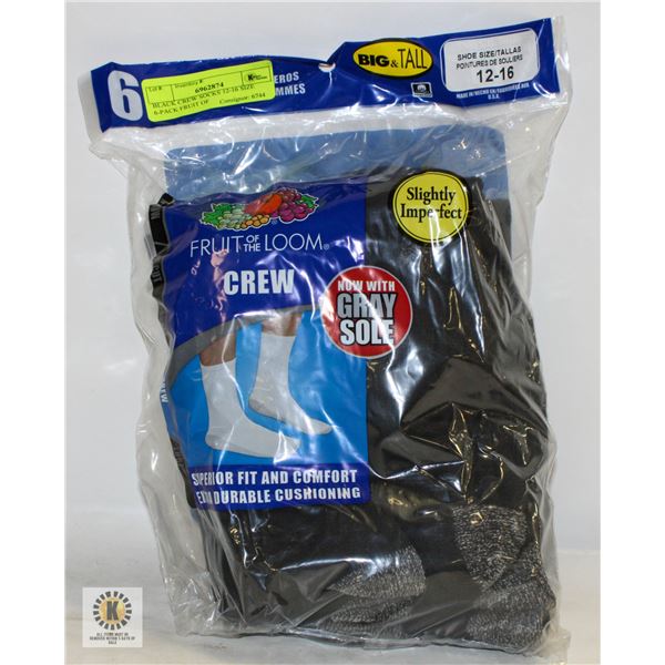 BLACK CREW SOCKS 12-16 SIZE 6-PACK FRUIT OF