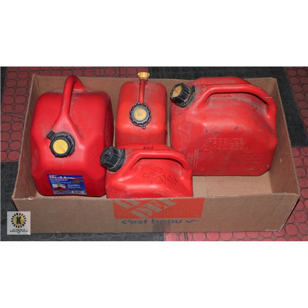 BOX WITH 4 RED PLASTIC JERRY CANS - FUEL