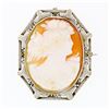 Antique 14K Gold Carved Shell Cameo Hand Etched Floral Filigree Brooch Pendant
