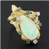 Image 3 : Vintage 18k Gold GIA Pear Cabochon Opal w/ Diamond & Emerald Bark Textured Ring
