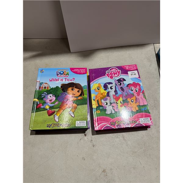 my busy books, My Little Pony, and Dora the Explorer