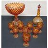 Image 1 : Qty 8 Amber Cut-Glass Goblets w/ Matching Stemmed Bowl & Bottle w/ Stopper