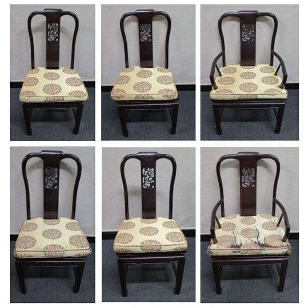 Qty 6 Wooden Chairs: 4 @ 18"x16"x37" & 2 @ 21"x19"x 38"H w/ Asian Theme Upholstered Seat Cushions