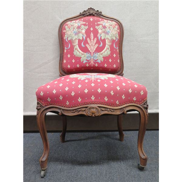 Carved Wooden Chair w/ Pink Floral Upholstered Seat & Back on Wheels 21" x 17" x 37"H