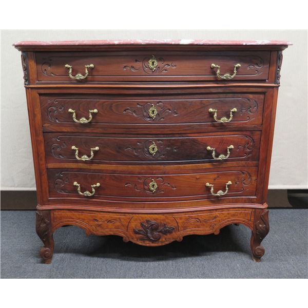 Carved Dresser w/ 4 Drawers & Stone Top 48" x 21" x 44"H