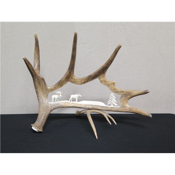 Carved Wildlife Scene in Antler Marked MN 2011, Kekau Love Judy 28"L x 20"H