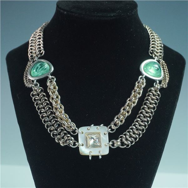 Connie Bates Abalone & Aqua Stone Bel-Air Necklace w/Layered Metal Chain