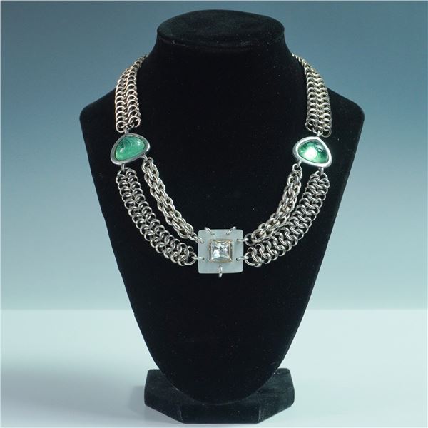 Connie Bates Chain Necklace w/Green Cabochons & Faceted Crystal Accent