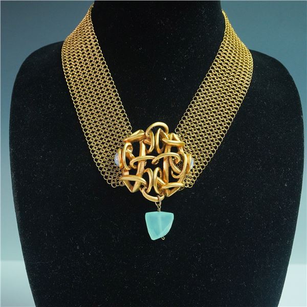 Connie Bates Collar, Gold Mesh Necklace with Abstract Pendant