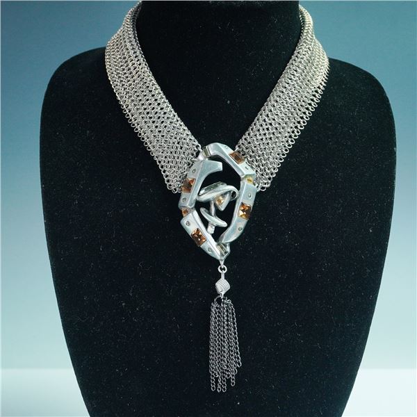 Connie Bates Collar, Mesh Chain Necklace w/Sculptural Pendant & Tassel