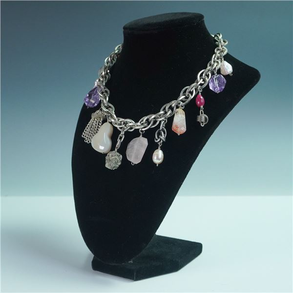 Connie Bates Eclectic Silver-Tone Chain Necklace with Charm Accents