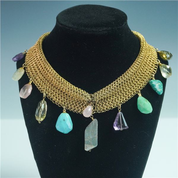 Connie Bates Gold Toned Mesh Choker with Gemstones
