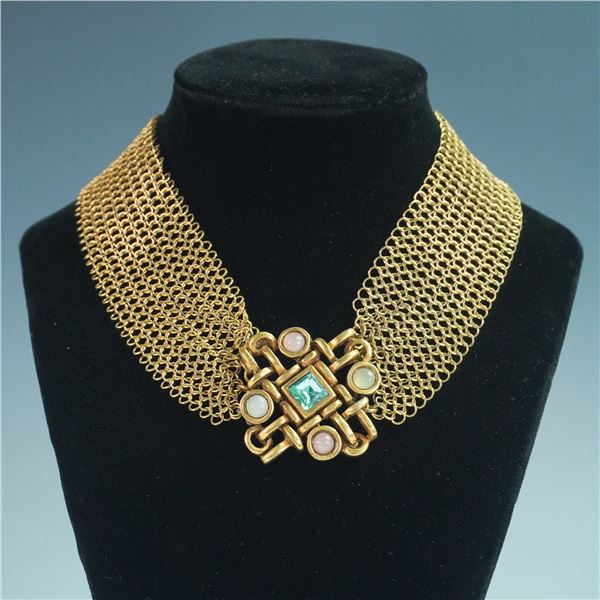 Connie Bates Gold-Tone Mesh Collar Necklace with Gemstone-Style Centerpiece