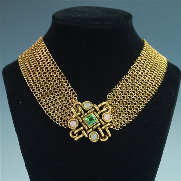 Connie Bates Gold-Toned Mesh Collar Necklace with Gemstones