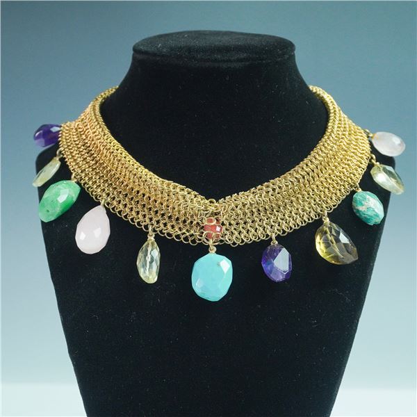 Connie Bates Gold-Toned Mesh Collar with Semi-Precious Stones