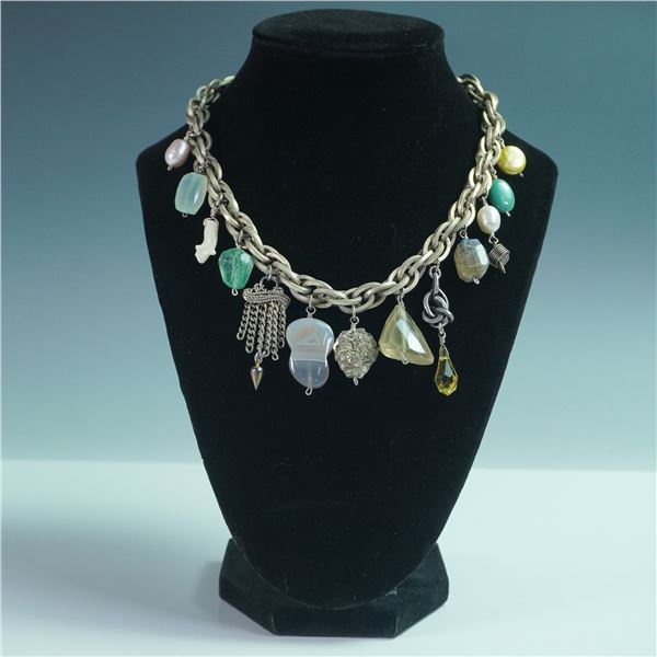 Connie Bates Silver Tone Charm Necklace with Faux Gemstone Accents
