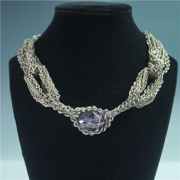 Connie Bates Silver Tone Necklace w/ Caged Faux Amethyst Pendant