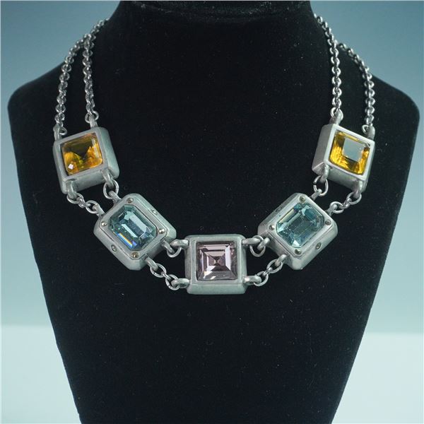 Connie Bates Industrial-Style Metal Necklace w/Multi-Colored Glass Stones