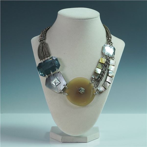Connie Bates Mixed Media Necklace with Metal Chains, Glass & Shell Accents