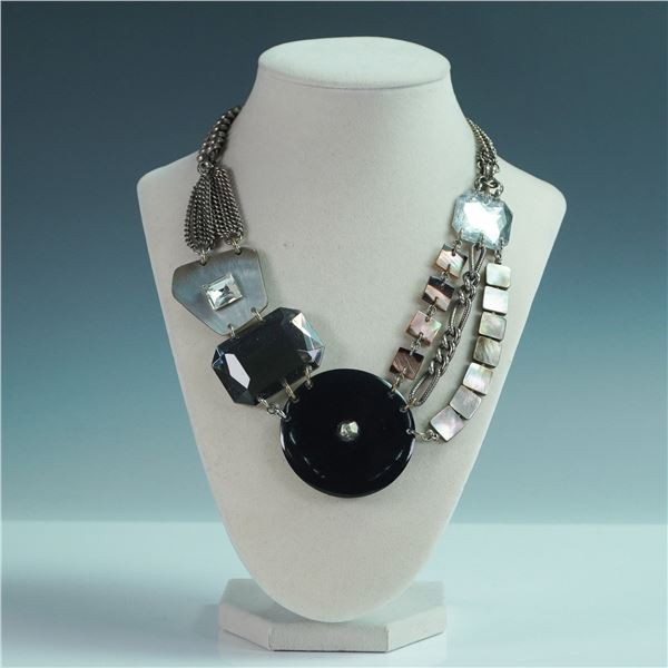 Connie Bates Necklace w/ Mixed Metal Chains, Faceted Stones & Shell Accents