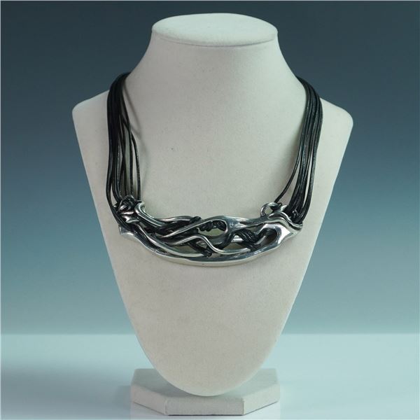Connie Bates Vine, Avant-Garde Silver-Tone and Black Vinyl Necklace