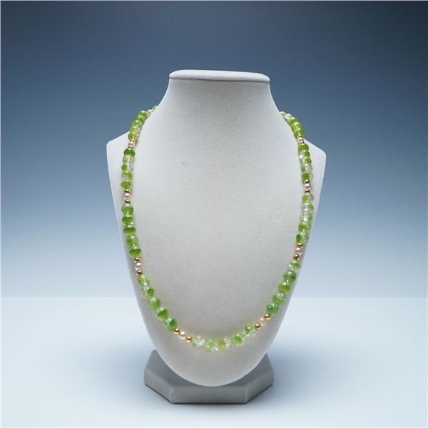 Green Glass Bead and Pearl Necklace with Gold Accents